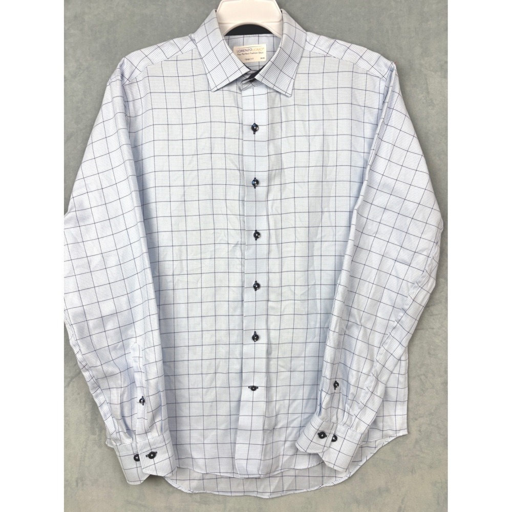 Lorenzo Uomo Mens Blue White Grid Trim Fit Dress Shirt 16 34/35 Long Sleeve